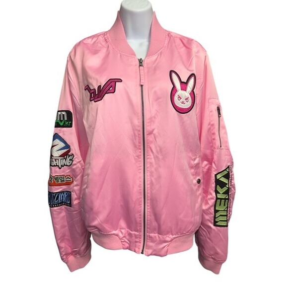Overwatch D.Va Pink Satin XL Bomber Jacket Bunny Lined Patches Full Zip Blizzard - Picture 1 of 8